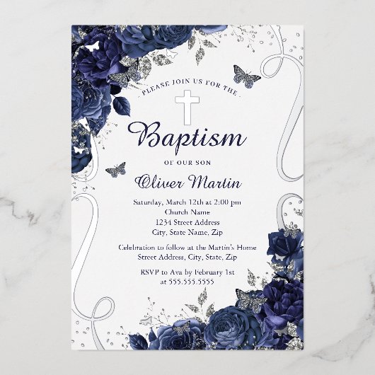 ネイビーフローラバタフライボーイバプテスマ 箔招待状 (正面)