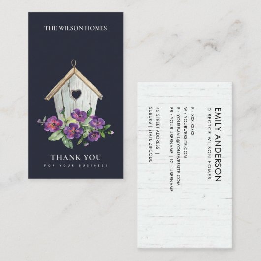 ネイビーフローラバ素朴ードハウスサンキュー不動産仲介業者 名刺 (正面/裏面)