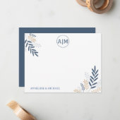 ネイビーフローラパーソナライズおよびモノグラム ノートカード (正面/裏面インサイチュ)