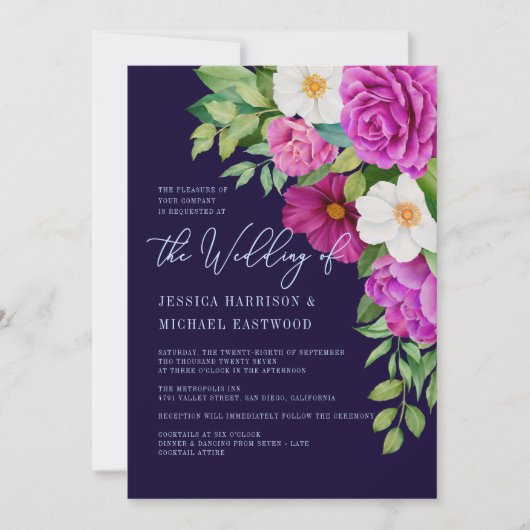 ネイビーフローラピンクホワイトパープルバラはっきりしたズ結婚 招待状 (正面)