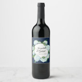 ネイビーフローラホワイトアジサイエレガント素朴結婚ズ ワインラベル (正面)