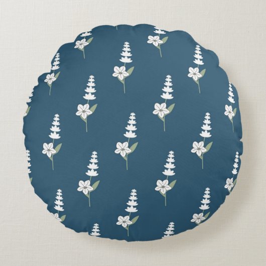 ネイビーフローラボヘミアン植物模様 ラウンドクッション (正面)