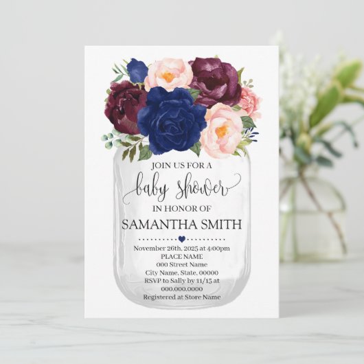 ネイビーフローラメイスンジャーブベイビーシャワーカントリーシック 招待状 (スタンド正面)