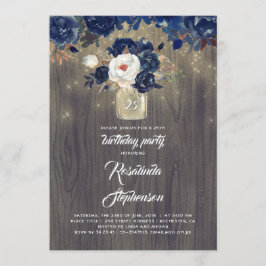 ネイビーフローラメイスンジャー素朴バースデーパーティー 招待状