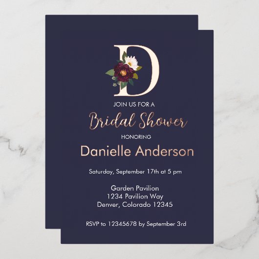 ネイビーフローラモノグラムレターDブライダルシャワー金ゴールド 箔招待状 (正面/裏面)