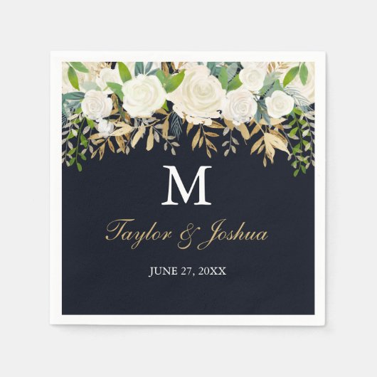 ネイビーフローラモノグラム水結婚色のナプキン スタンダードカクテルナプキン (正面)