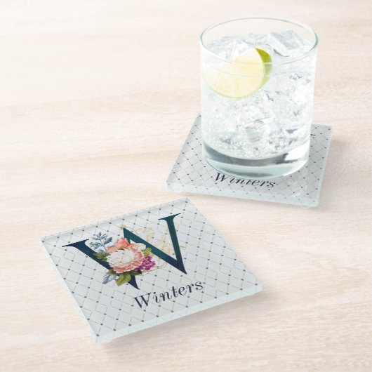 ネイビーフローラモノグラムWスクエアコースター ガラスコースター (アングル)