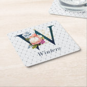 ネイビーフローラモノグラムW スクエアペーパーコースター (アングル)