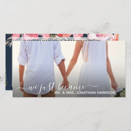 ネイビーフローラランタンフォトたった今結婚しましたサイト 案内状 (正面/裏面)