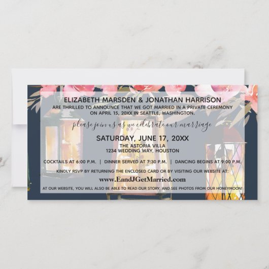 ネイビーフローラランタンフォトたった今結婚しましたサイト 案内状 (裏面)