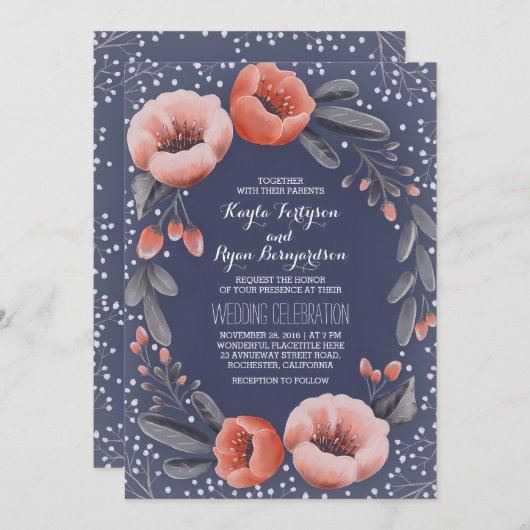 ネイビーフローラリースベビーズブ結婚リーズ 招待状 (正面/裏面)