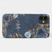 ネイビーフローラリーフ水色スクリプト名モノグラム Case-Mate iPhoneケース (裏面(横))