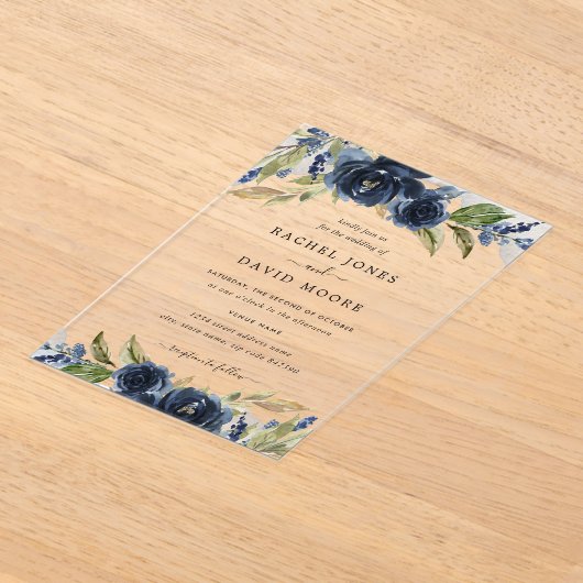 ネイビーフローラリーフ澄んアクリル結婚式招待状 アクリル招待状 (レイダウン)