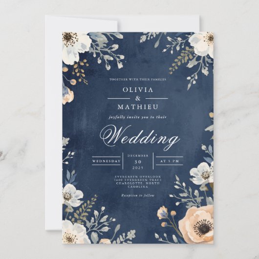 ネイビーフローラルアーチのウェディング 招待状 (正面)