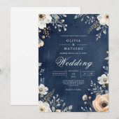 ネイビーフローラルアーチのウェディング 招待状 (正面/裏面)
