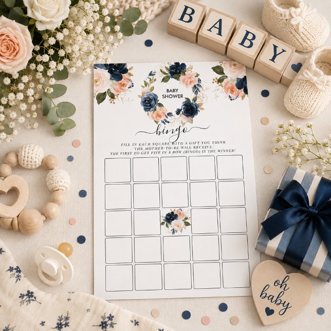 ネイビーフローラルベビーシャワービンゴゲームカード (Navy floral baby shower bingo game card featuring elegant blue watercolor florals)