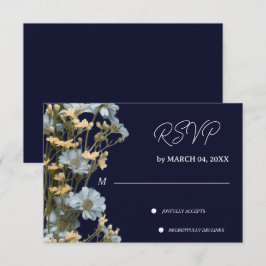 ネイビーフローラルモダン結婚式RSVP 出欠カード