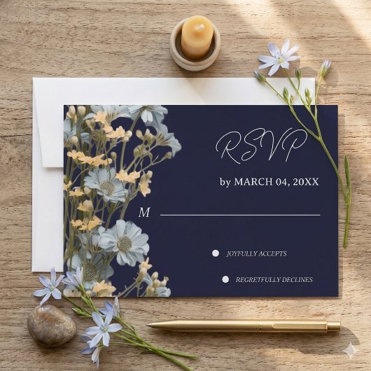 ネイビーフローラルモダン結婚式RSVP 出欠カード