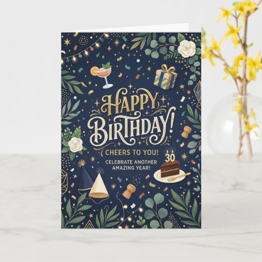 ネイビーフローラル 誕生日 カード (黄色い花)