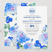 ネイビーフローラヴィンテージエレガント庭園の結婚式 招待状 (正面/裏面)