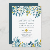 ネイビーフローラ植物水結婚色の発明 招待状 (正面/裏面)