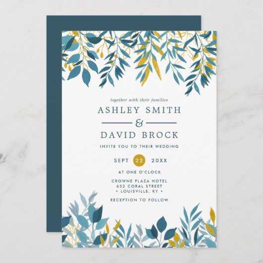 ネイビーフローラ植物水結婚色の発明 招待状 (正面/裏面)