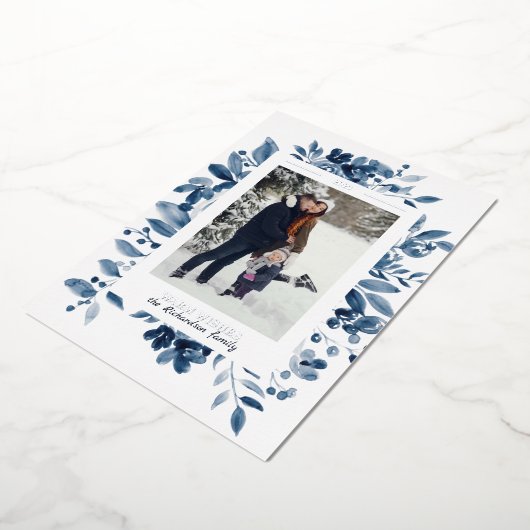 ネイビーフローラ水彩写真 箔シーズンカード (回転した状態)