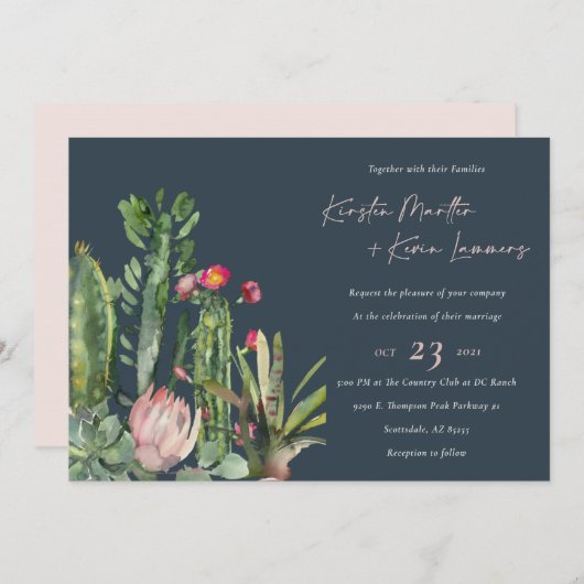 ネイビーフローラ砂漠のカッティの葉の結婚式の招待 サンキューカード (正面/裏面)