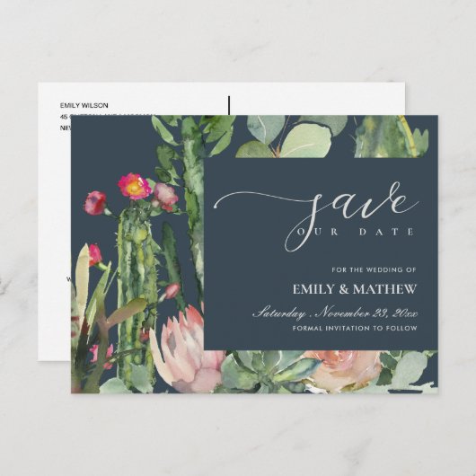 ネイビーフローラ砂漠のサボテンの葉は日付を保存 案内ポストカード (正面/裏面)