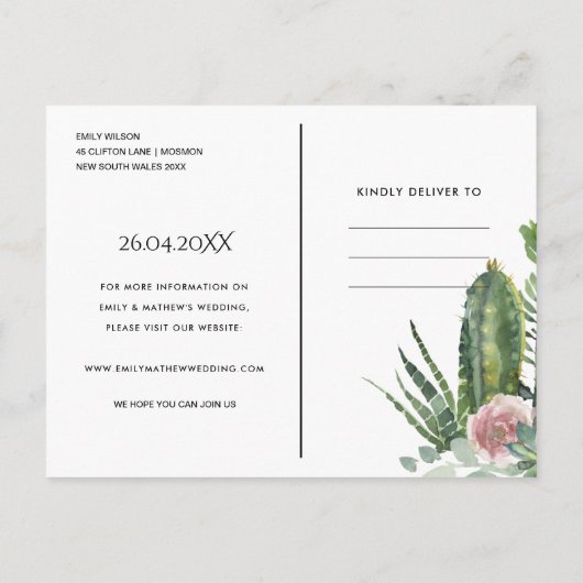 ネイビーフローラ砂漠のサボテンの葉は日付を保存 案内ポストカード (裏面)