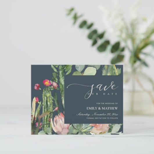 ネイビーフローラ砂漠のサボテンの葉は日付を保存 案内ポストカード (スタンド正面)