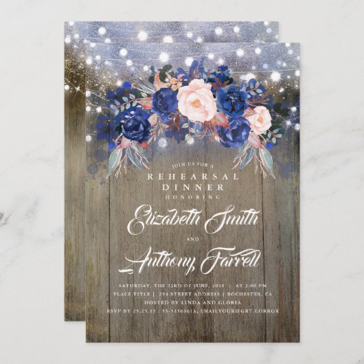 ネイビーフローラ素朴リハーサルディナー 招待状 (正面/裏面)