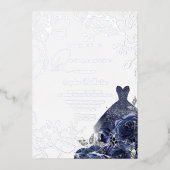 ネイビーフローラ&ドレスキンセアニェラシルバーリーフ 箔招待状 (正面)