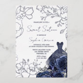 ネイビーフローラ&ドレススウィート16シルバーリーフ 箔招待状 (正面)