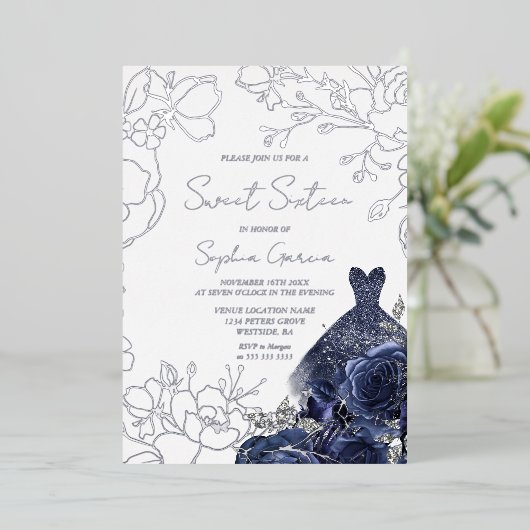 ネイビーフローラ&ドレススウィート16シルバーリーフ 箔招待状 (立ち正面)