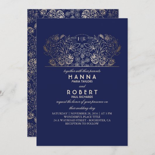 ネイビーフローラ – 永遠のロマンス結婚金ゴールド 招待状 (正面/裏面)