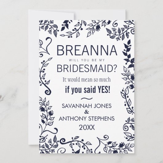 ネイビーブエレガントルーとホワイトフローラブリデスメイド 招待状 (正面)