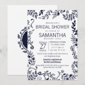 ネイビーブエレガントルーアンドホワイトフローラブライダルシャワー 招待状 (正面/裏面)
