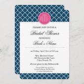 ネイビーブエレガントルークローバー（ピンクモノグラム付き） 招待状 (正面/裏面)