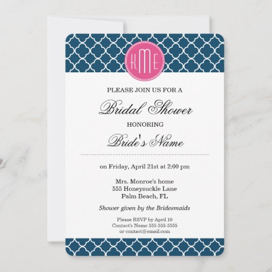 ネイビーブエレガントルークローバー（ピンクモノグラム付き） 招待状 (正面)