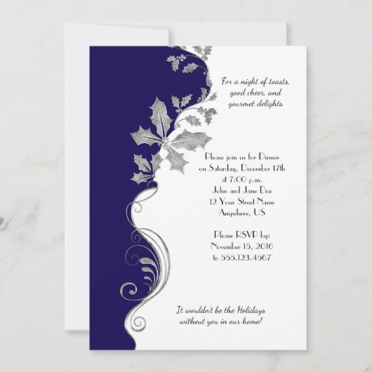 ネイビーブエレガントルーシルバーホリークリスマスパーティー 招待状 (正面)