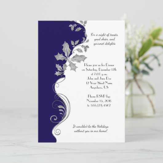 ネイビーブエレガントルーシルバーホリークリスマスパーティー 招待状 (スタンド正面)