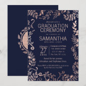 ネイビーブエレガントルーバラ金ゴールドフローラ卒業 招待状 (正面/裏面)