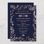 ネイビーブエレガントルーバラ金ゴールドフローラ結婚式招待 招待状 (正面/裏面)