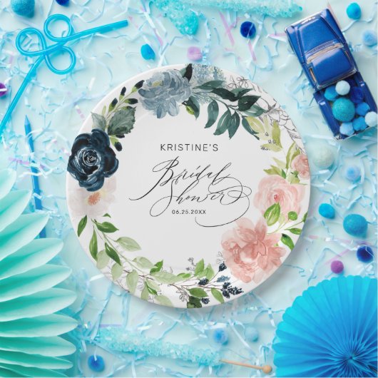 ネイビーブエレガントルーピンクローズフローラブライダルシャワー ペーパープレート (パーティー)