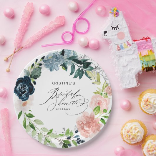 ネイビーブエレガントルーピンクローズフローラブライダルシャワー ペーパープレート (パーティー)