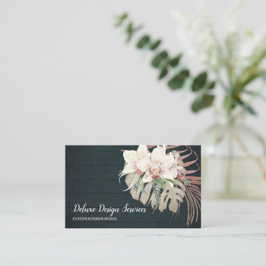 ネイビーブエレガントルーホワイトフローラオーキッドグリーンリー 名刺 (スタンド正面)