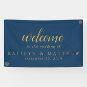 ネイビーブエレガントルー金ゴールドフレーム結婚式のバナー 横断幕 (横)