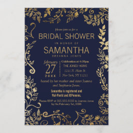 ネイビーブエレガントルー金ゴールドフローラブライダルシャワー 招待状