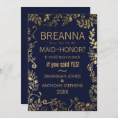 ネイビーブエレガントルー金ゴールドフローラメイド・オブ・オーナー（花嫁付き添い人） 招待状 (正面/裏面)